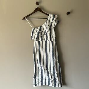 ONE SHOULDER COTTON RUFFLE MIDI DRESS WITH JEAN COLORED VERTICAL STRIPES SIZE 2